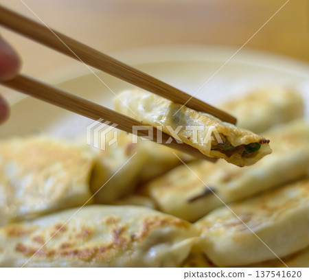Chopsticks holding pan-fried gyoza dumpling close-up 137541620