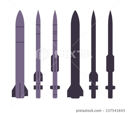 Missiles military weapons set flat design isolated silhouettes collection in purple tones on white background defense technology concept Missiles military weapons set flat design isolated silhouettes collection in purple tones on white background defense technology concept 137541643