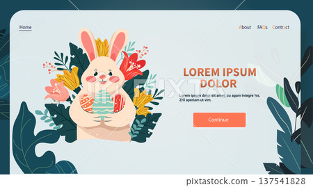 Easter bunny holding decorated eggs surrounded by colorful flowers pastel foliage website landing page template 137541828