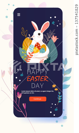 Easter bunny holding colorful eggs surrounded by leaves flowers and abstract shapes on dark background mobile app screen template 137541829
