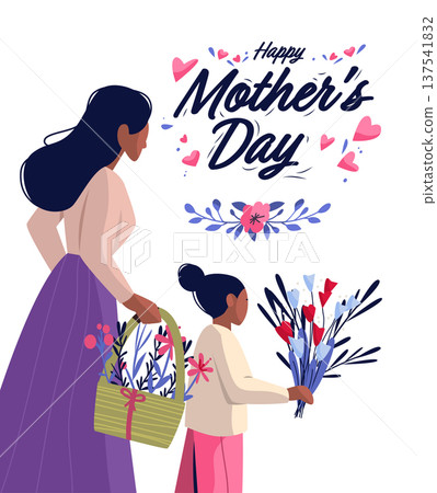 Mother's Day mom and daughter holding flowers floral basket bouquet hearts decorative elements white background celebration 137541832