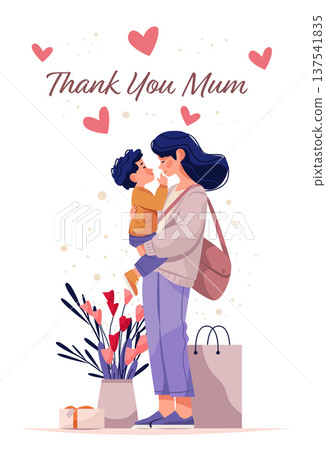 Mother and child Mother's Day celebration flowers gift loving embrace hearts decorative background pastel colors Mother and child Mother's Day celebration flowers gift loving embrace hearts decorative background pastel colors 137541835