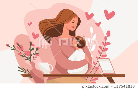 Mother's Day mom hugging child pink hearts floral vase coffee cup table warm pastel background love family celebration 137541836