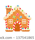 Cute Christmas gingerbread house with candies and icing - vector illustration Sweet holiday cookie house  137541865