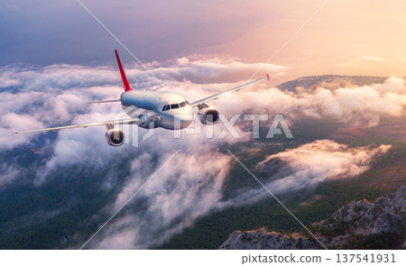 Commercial airplane flying over high mountains, sea and clouds Commercial airplane flying over high mountains, sea and clouds 137541931