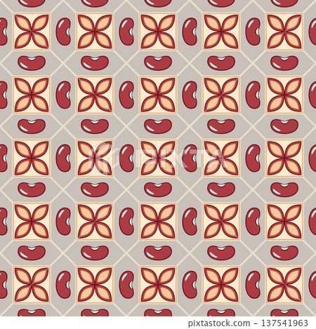 Seamless pattern of red kidney beans on geometric grid. Minimalist vector icons, flat simple design. Perfect for organic packaging, vegan labels, textile prints, wellness branding Seamless pattern of red kidney beans on geometric grid. Minimalist vector icons, flat simple design. Perfect for organic packaging, vegan labels, textile prints, wellness branding 137541963