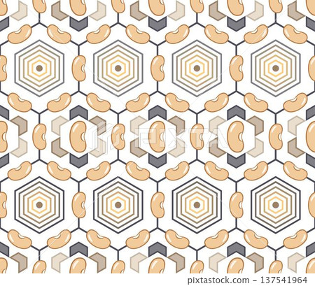 Seamless geometric pattern of white kidney beans. Elements are arranged horizontally on hexagonal grid on transparent background. Minimalist vector icons, flat design. For food packaging, branding Seamless geometric pattern of white kidney beans. Elements are arranged horizontally on hexagonal grid on transparent background. Minimalist vector icons, flat design. For food packaging, branding 137541964