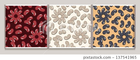 Set of seamless patterns with randomly scattered kidney beans. Minimalist flat vector icons on colorful backgrounds. Some beans are arranged in flower shape. For organic food packaging, textile prints Set of seamless patterns with randomly scattered kidney beans. Minimalist flat vector icons on colorful backgrounds. Some beans are arranged in flower shape. For organic food packaging, textile prints 137541965