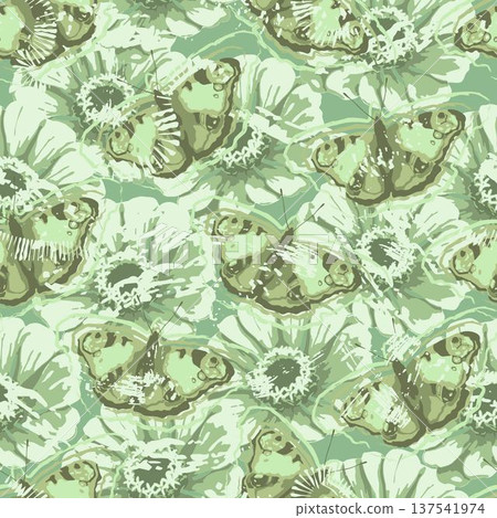 Pastel green camouflage seamless pattern with stylized butterflies, floral elements. Abstract grunge style. Wild nature. Soft muted colors. For apparel, fabric, textile, sport goods design. Pastel green camouflage seamless pattern with stylized butterflies, floral elements. Abstract grunge style. Wild nature. Soft muted colors. For apparel, fabric, textile, sport goods design. 137541974