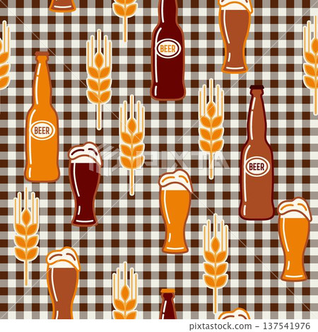 Seamless beer pattern with scattered icons of bottles, beer glass, ears of rye on checkered gingham background. Flat simple design Seamless beer pattern with scattered icons of bottles, beer glass, ears of rye on checkered gingham background. Flat simple design 137541976