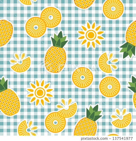 Seamless pineapple pattern on checkered gingham background with randomly scattered juicy slices. Flat minimalistic illustration. Ideal for food packaging, kitchen textiles, rustic branding. Seamless pineapple pattern on checkered gingham background with randomly scattered juicy slices. Flat minimalistic illustration. Ideal for food packaging, kitchen textiles, rustic branding. 137541977