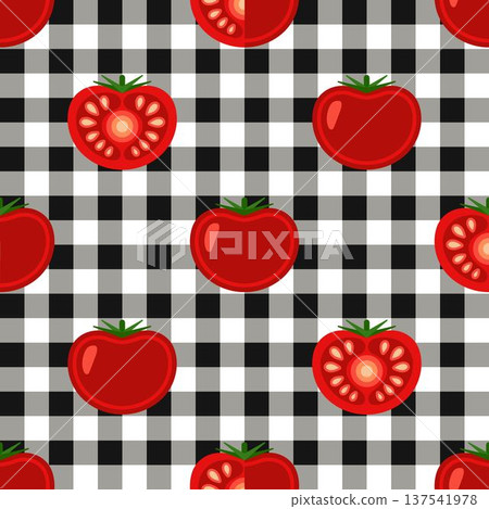 Seamless tomato pattern on gingham background. Icons are arranged in checkerboard pattern. Flat simple style. Ideal for food packaging, kitchen textiles, rustic branding Seamless tomato pattern on gingham background. Icons are arranged in checkerboard pattern. Flat simple style. Ideal for food packaging, kitchen textiles, rustic branding 137541978