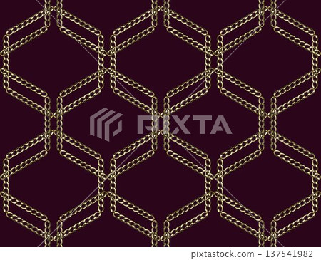 Seamless jewelry pattern with golden chains arranged in geometric grid with overlapped hexagons. Dark maroon background. Classic elegance design for luxury packaging, fashion background Seamless jewelry pattern with golden chains arranged in geometric grid with overlapped hexagons. Dark maroon background. Classic elegance design for luxury packaging, fashion background 137541982