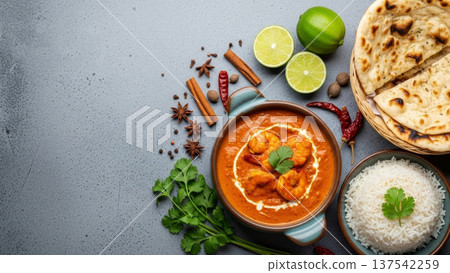 Creamy prawn curry with rice and naan for menu background and recipe blog banner Creamy prawn curry with rice and naan for menu background and recipe blog banner 137542259