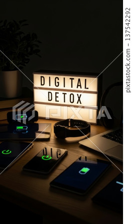 Lightbox with devices charging on wooden desk at night 137542292