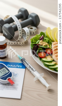 Healthy lifestyle flatlay with insulin injection glucose meter dumbbells measuring tape and balanced salad for wellness background and fitness poster 137542295