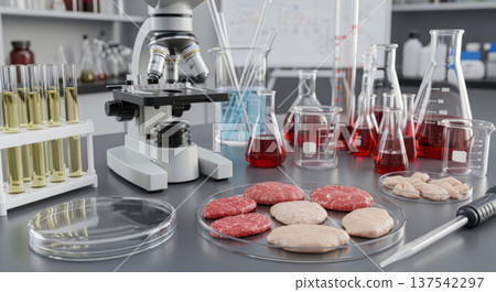 Laboratory cultured meat production setup with petri dishes, test tubes and microscope for food research and innovation background Laboratory cultured meat production setup with petri dishes, test tubes and microscope for food research and innovation background 137542297
