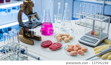 Scientific food lab scene with microscope, glassware and cultured meat samples on petri dishes for laboratory research background Scientific food lab scene with microscope, glassware and cultured meat samples on petri dishes for laboratory research background 137542298