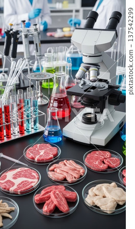 Vertical laboratory composition with microscope and multiple petri dishes of meat samples for food safety and research poster background Vertical laboratory composition with microscope and multiple petri dishes of meat samples for food safety and research poster background 137542299