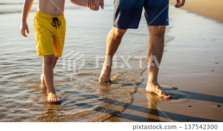Father and child walking hand in hand on a wet sandy beach at sunset for family background and banner design Father and child walking hand in hand on a wet sandy beach at sunset for family background and banner design 137542300