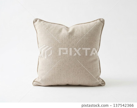 Beige Linen Square Throw Pillow Isolated on White Background for Home Decor and Interior Design Concepts 137542366