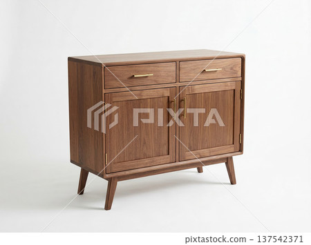 Mid Century Modern Wooden Sideboard Cabinet with Drawers and Doors Isolated on White Background 137542371