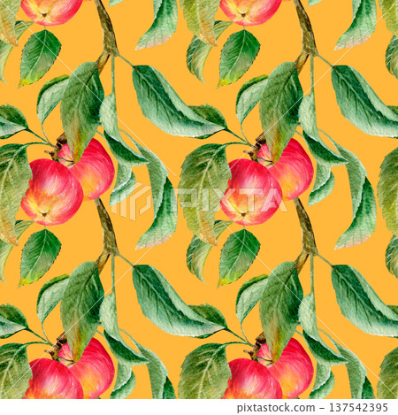watercolor hand drawn seamless pattern with juicy red apples and green leaves on a orange background watercolor hand drawn seamless pattern with juicy red apples and green leaves on a orange background 137542395