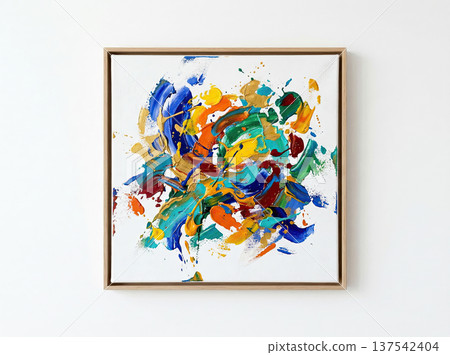 Abstract Expressionist Painting Artwork Mounted on Minimalist White Wall for Contemporary Interior Decor Abstract Expressionist Painting Artwork Mounted on Minimalist White Wall for Contemporary Interior Decor 137542404
