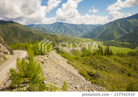 Aerial panoramic view to Chuysky Trakt near by Chike-Taman pass. Mountain serpentine Chuya Highway on sunny autumn day. Asphalt road going through cliff. Altai Region, Blue sky. Siberia, Russia. Asia. Aerial panoramic view to Chuysky Trakt near by Chike-Taman pass. Mountain serpentine Chuya Highway on sunny autumn day. Asphalt road going through cliff. Altai Region, Blue sky. Siberia, Russia. Asia. 137542410