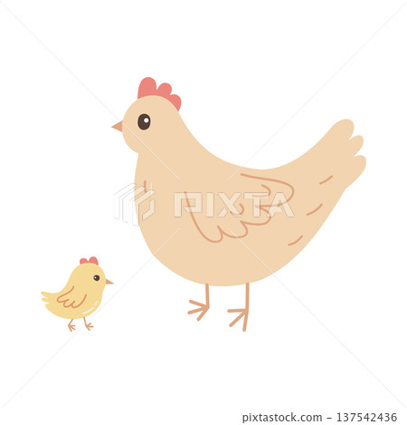 Hen and chick vector flat hand drawn style farm animal character mother bird with baby poultry illustration for kids and organic food branding 137542436