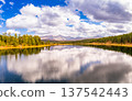 Aerial top view of Kidelyu lake near the Ulagan mountain pass. Beautiful landscape Alps from a drone. Scenic mountain lake surrounded by forest and autumn colors. Altai Republic, Siberia, Russia 137542443