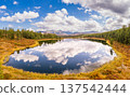 Aerial top view of Kidelyu lake near the Ulagan mountain pass. Beautiful landscape Alps from a drone. Scenic mountain lake surrounded by forest and autumn colors. Altai Republic, Siberia, Russia 137542444