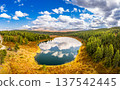 Aerial top view of Kidelyu lake near the Ulagan mountain pass. Beautiful landscape Alps from a drone. Scenic mountain lake surrounded by forest and autumn colors. Altai Republic, Siberia, Russia 137542445
