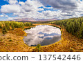 Aerial top view of Kidelyu lake near the Ulagan mountain pass. Beautiful landscape Alps from a drone. Scenic mountain lake surrounded by forest and autumn colors. Altai Republic, Siberia, Russia 137542446