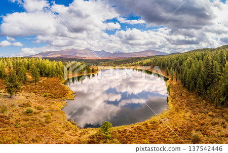 Aerial top view of Kidelyu lake near the Ulagan mountain pass. Beautiful landscape Alps from a drone. Scenic mountain lake surrounded by forest and autumn colors. Altai Republic, Siberia, Russia Aerial top view of Kidelyu lake near the Ulagan mountain pass. Beautiful landscape Alps from a drone. Scenic mountain lake surrounded by forest and autumn colors. Altai Republic, Siberia, Russia 137542446