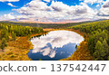 Aerial top view of Kidelyu lake near the Ulagan mountain pass. Beautiful landscape Alps from a drone. Scenic mountain lake surrounded by forest and autumn colors. Altai Republic, Siberia, Russia 137542447