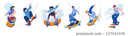 Happy employee. Fun skateboard character. dynamic skater motions. Fast skate ride. Energetic man. Woman on longboard. Skateboarding young people. Jump tricks. Vector freedom concepts set Happy employee. Fun skateboard character. dynamic skater motions. Fast skate ride. Energetic man. Woman on longboard. Skateboarding young people. Jump tricks. Vector freedom concepts set 137542476