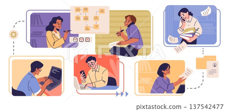 Project workflow. People work in office, network communication in computer or supervise system feedback. Employee planning and coding, organized task vector cartoon isolated graphic concept Project workflow. People work in office, network communication in computer or supervise system feedback. Employee planning and coding, organized task vector cartoon isolated graphic concept 137542477