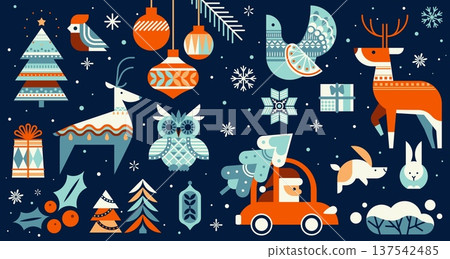 Christmas icons. Folk holiday pattern, vintage season bird ornament or gift wrapping wallpaper, festive winter decor. Cheerful celebration owl and rabbit cartoon. Vector isolated stickers set 137542485