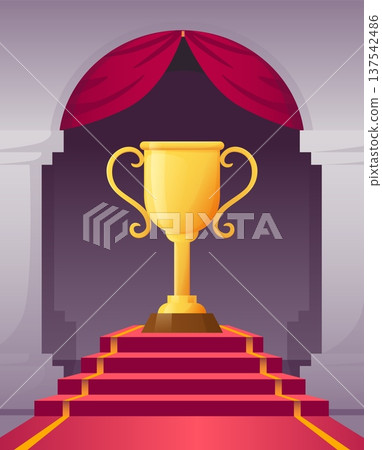 Golden trophy on stage. Gold cup on red carpet podium, arch on background, symbol of victory, achievement in sport and business and recognition. Vector cartoon flat style illustration 137542486