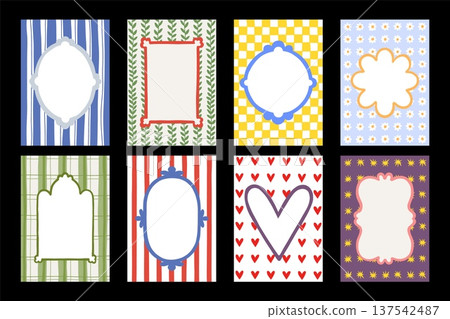 Wavy frames. Scallop pattern border, fun retro shape with abstract geometric edges. Funky pop doodles backgrounds. Childish cards or posters design. Vector isolated templates set 137542487