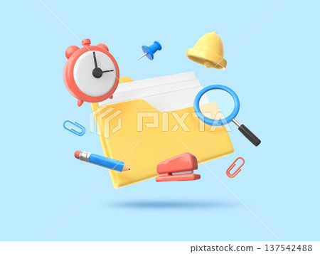 3D document icons. Administration and accounting. Render folder or office service for paper doc. Database file elements. Management audit magnifier. Stationery and bell. Vector concept 137542488