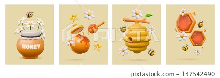 3D bee hive. Cute nature hone. Honeycomb plastic gold product for healthy natural food. Honeybee fly. Summer flowers. Wax beehive at branch. Beekeeping cards. Apiary vector banners set 3D bee hive. Cute nature hone. Honeycomb plastic gold product for healthy natural food. Honeybee fly. Summer flowers. Wax beehive at branch. Beekeeping cards. Apiary vector banners set 137542490