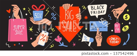 Hand hold shopping cart. Black Friday discount. Business marketing banner or sale advertising. Special offer percent. Phone app. Credit card payment for purchase. Vector flat stickers set Hand hold shopping cart. Black Friday discount. Business marketing banner or sale advertising. Special offer percent. Phone app. Credit card payment for purchase. Vector flat stickers set 137542496