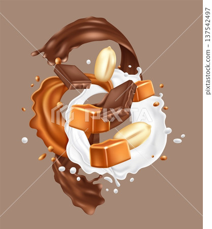 Chocolate and caramel 3d. Peanuts swirl. Realistic composition of cocoa pieces, sugar cubes and whole peanuts, milk splashes in motion, confectionery ingredients vector illustration Chocolate and caramel 3d. Peanuts swirl. Realistic composition of cocoa pieces, sugar cubes and whole peanuts, milk splashes in motion, confectionery ingredients vector illustration 137542497