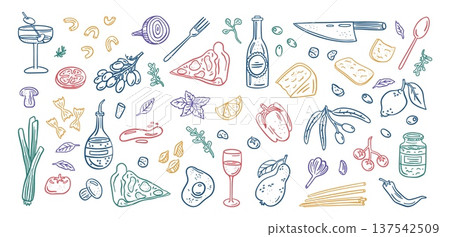 Doodle cocktails. Wine drink bottle. Pizza piece. Color line drawing. Vegetable slice. Alcohol beverage. Minimal outline print. Tropical birthday poster. Vector graphic elements set 137542509