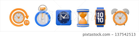 3D alarm icon. School clock time. Realistic date render or gold timer face. Simple office bell. Minute accurate counting. Sandglass and timepiece dial. Vector plastic timer elements set 3D alarm icon. School clock time. Realistic date render or gold timer face. Simple office bell. Minute accurate counting. Sandglass and timepiece dial. Vector plastic timer elements set 137542513