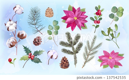 Watercolor Christmas flowers. Winter plants. Xmas holly. Poinsettia blossom. Pine cone. Mistletoe berry. Green leaves and branch for red wreath. Conifer twigs. Vector floral elements set Watercolor Christmas flowers. Winter plants. Xmas holly. Poinsettia blossom. Pine cone. Mistletoe berry. Green leaves and branch for red wreath. Conifer twigs. Vector floral elements set 137542535