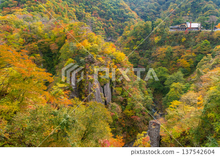 The V-shaped valley of Naruko Gorge and the natural beauty of the area, seen from Ofukazawa Bridge in Osaki City, Miyagi Prefecture. 137542604