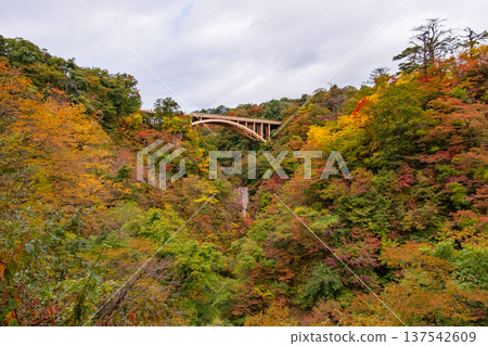 宮城縣大崎市:秋葉漸黃,鳴子峽及其拱橋的全景盡收眼底。 宮城縣大崎市:秋葉漸黃,鳴子峽及其拱橋的全景盡收眼底。 137542609